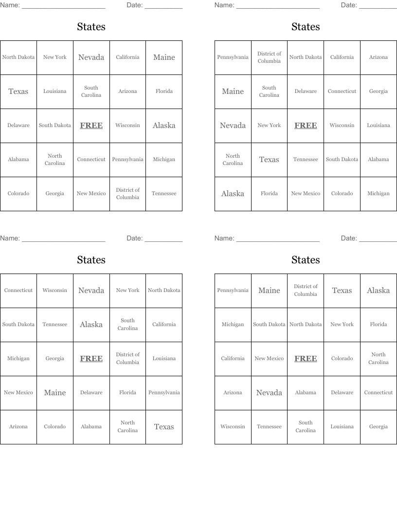 States Bingo Cards