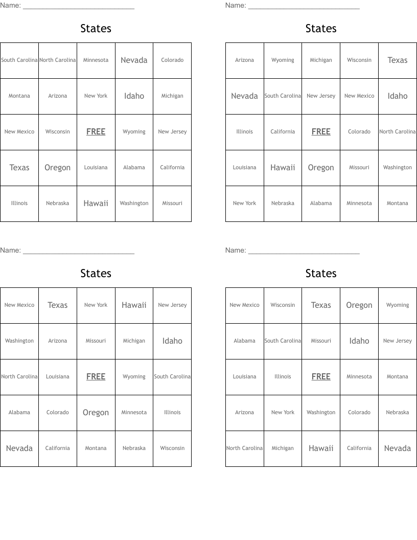States Bingo Cards