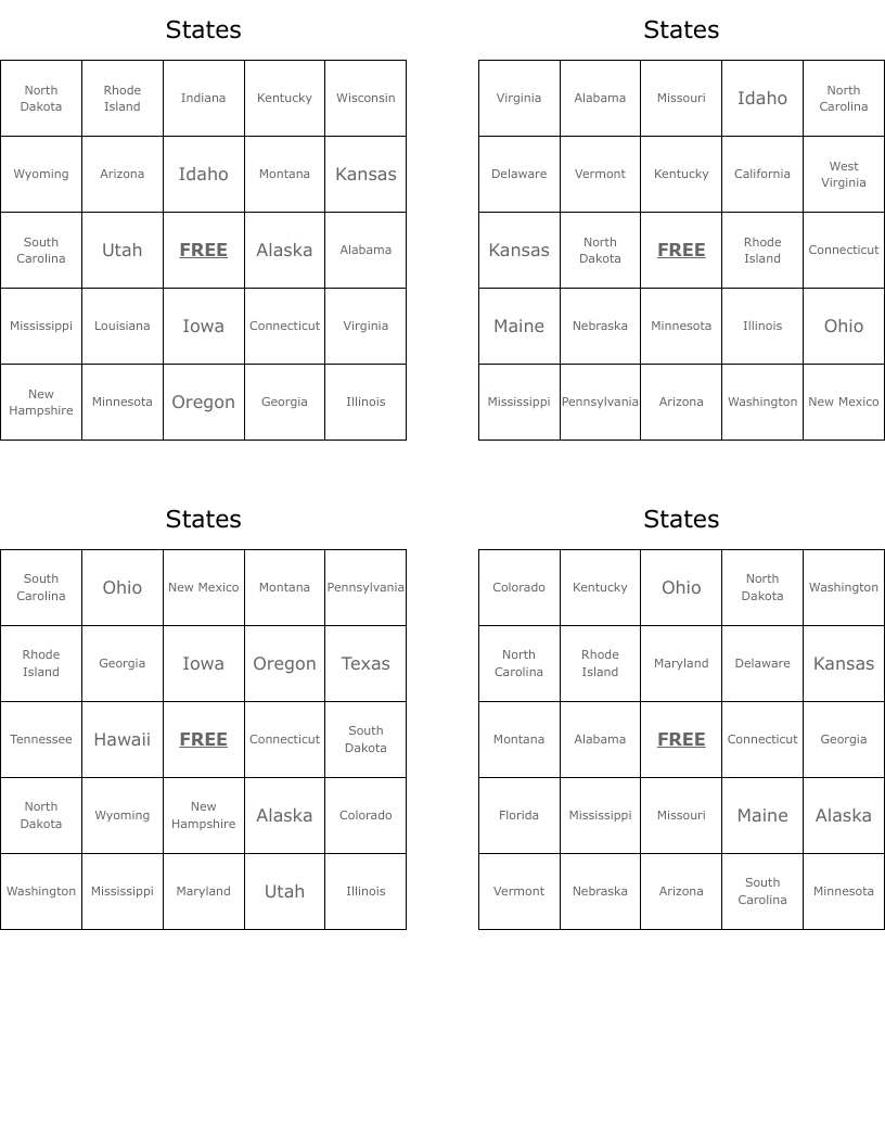 States Bingo Cards