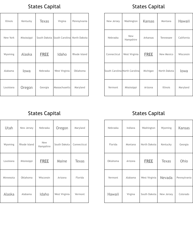 States Capital Bingo Cards