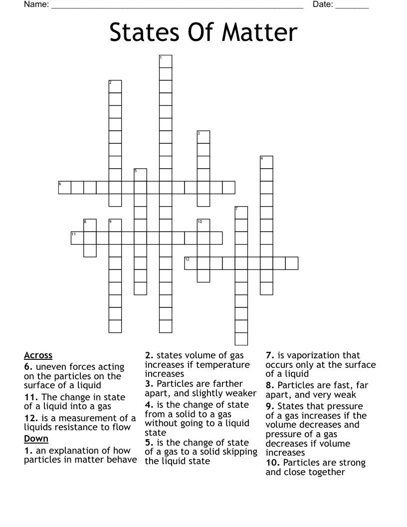 States Of Matter Crossword