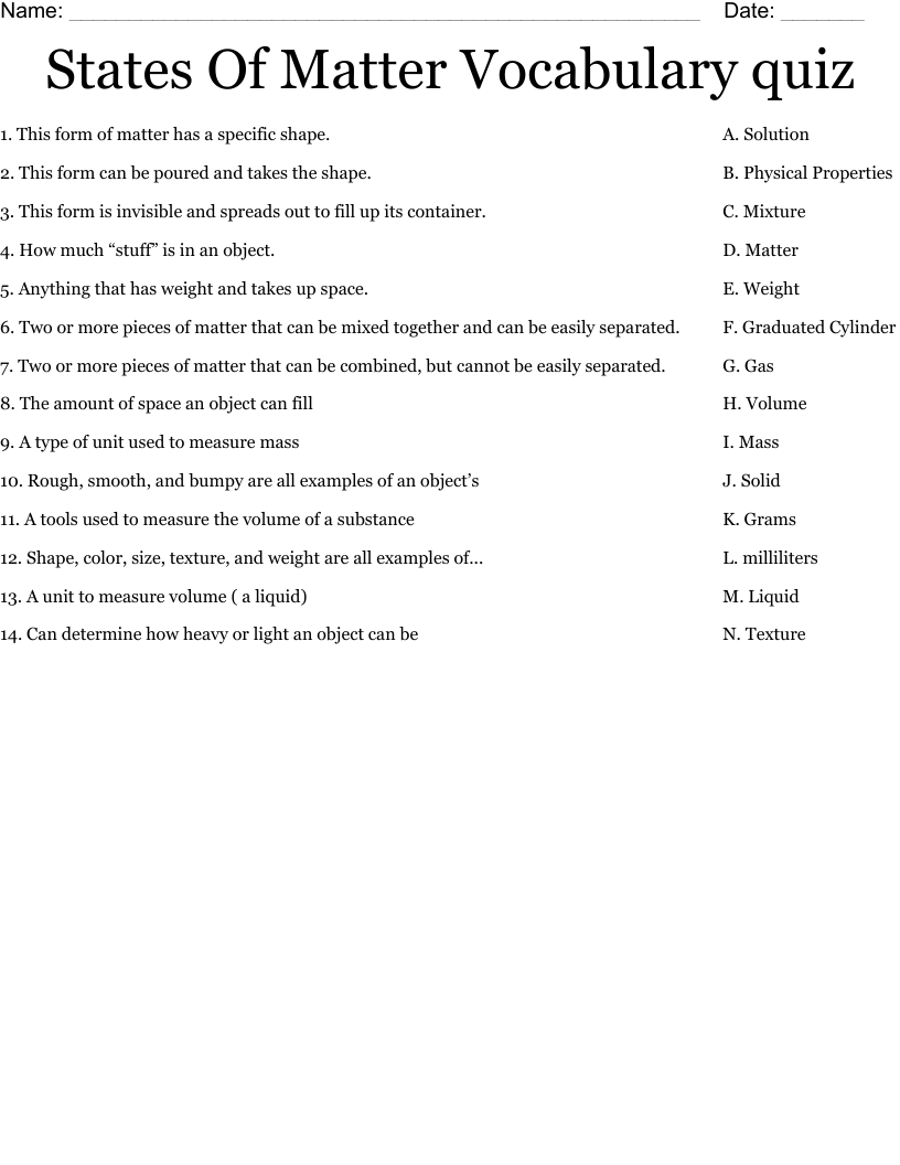 States Of Matter Vocabulary quiz Worksheet