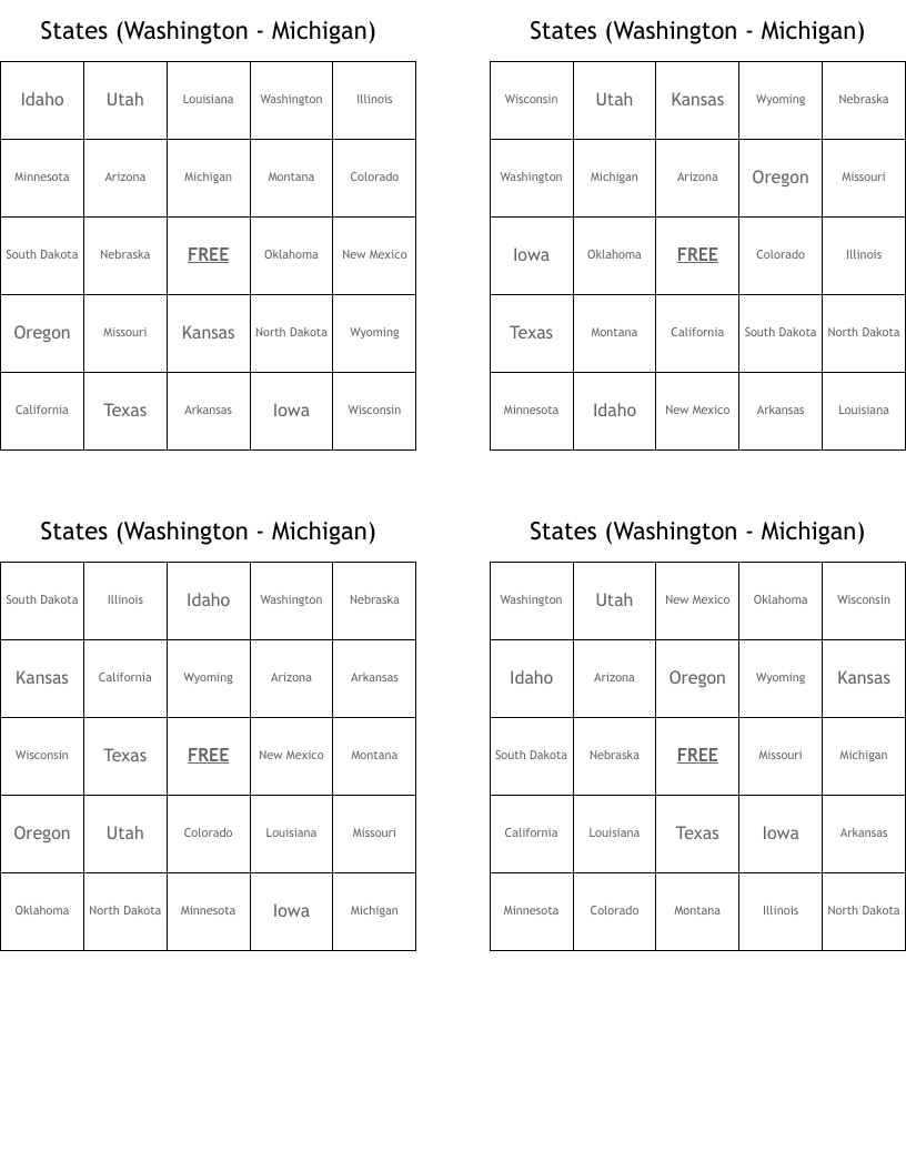 States (Washington - Michigan) Bingo Cards