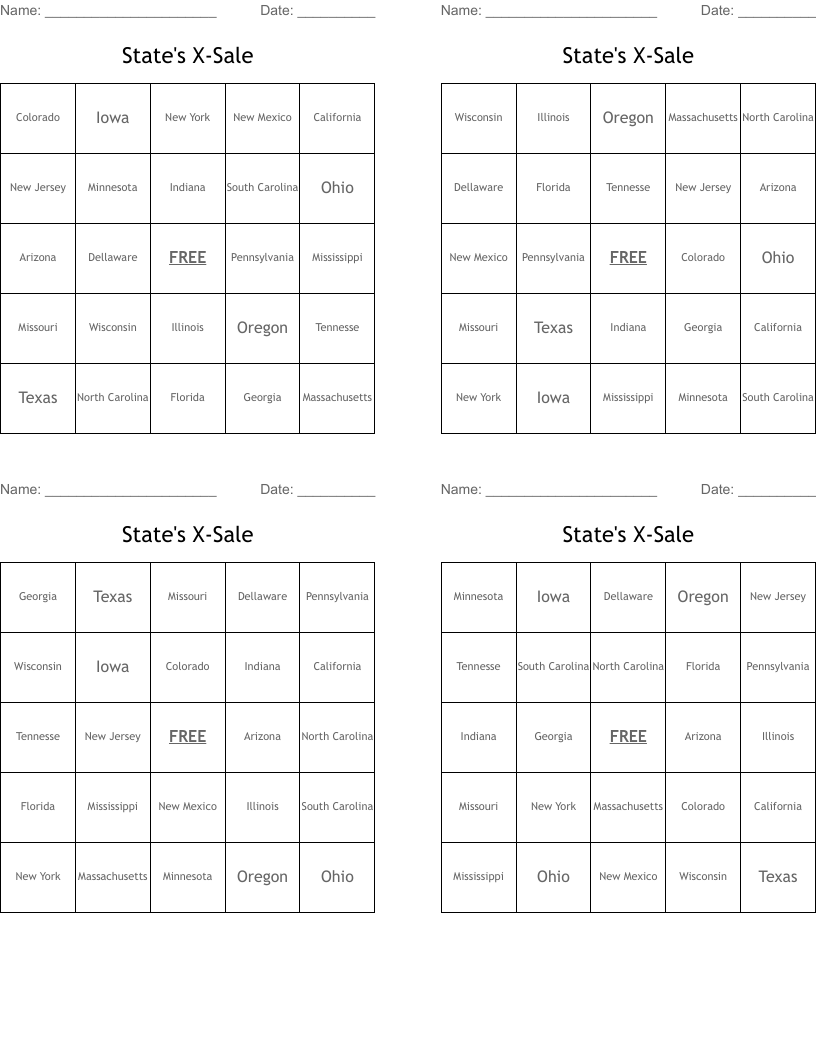 State's X-Sale  Bingo Cards