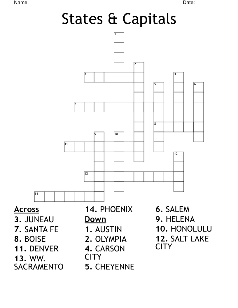 States & Capitals Crossword