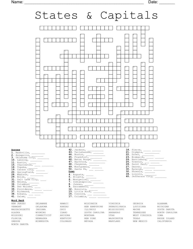 States & Capitals Crossword