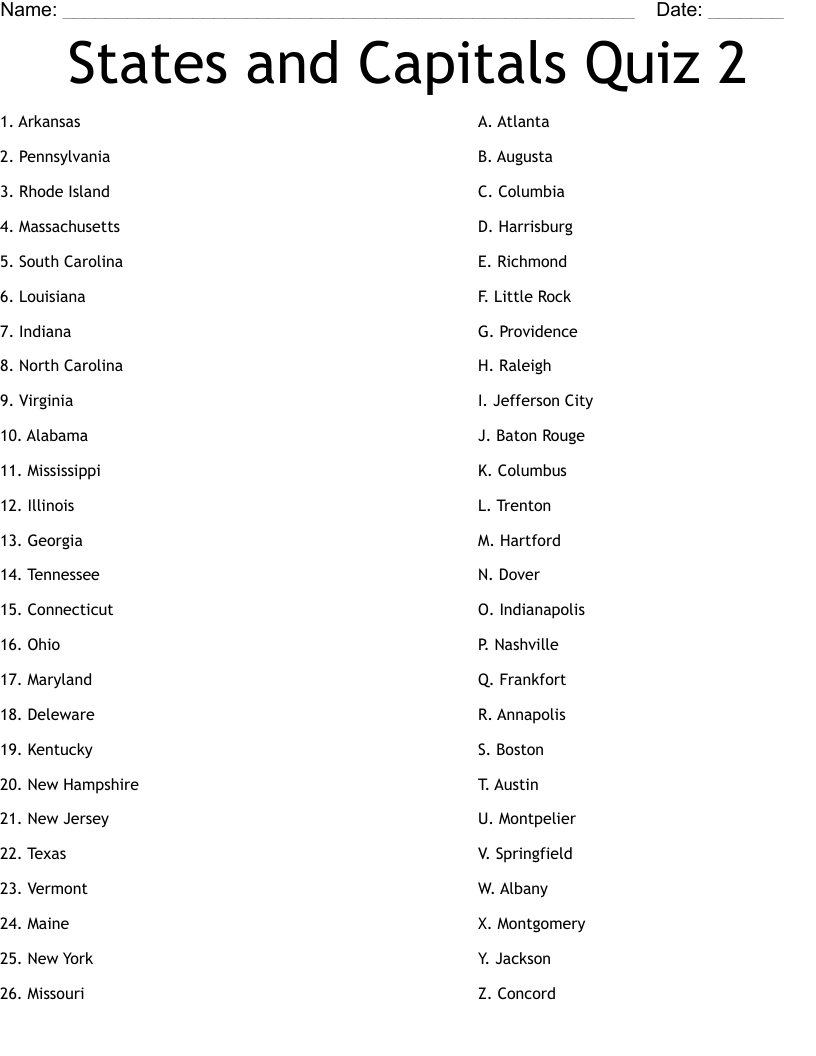 States  and Capitals Quiz 2 Worksheet