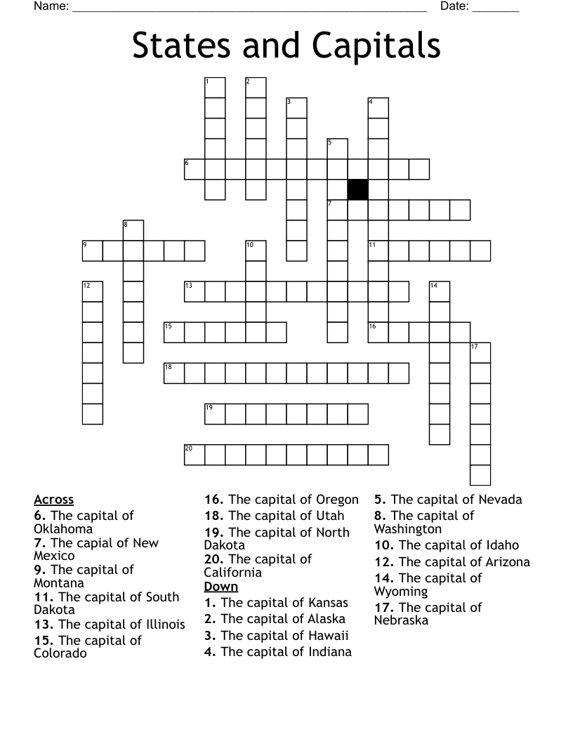 States and Capitals Crossword