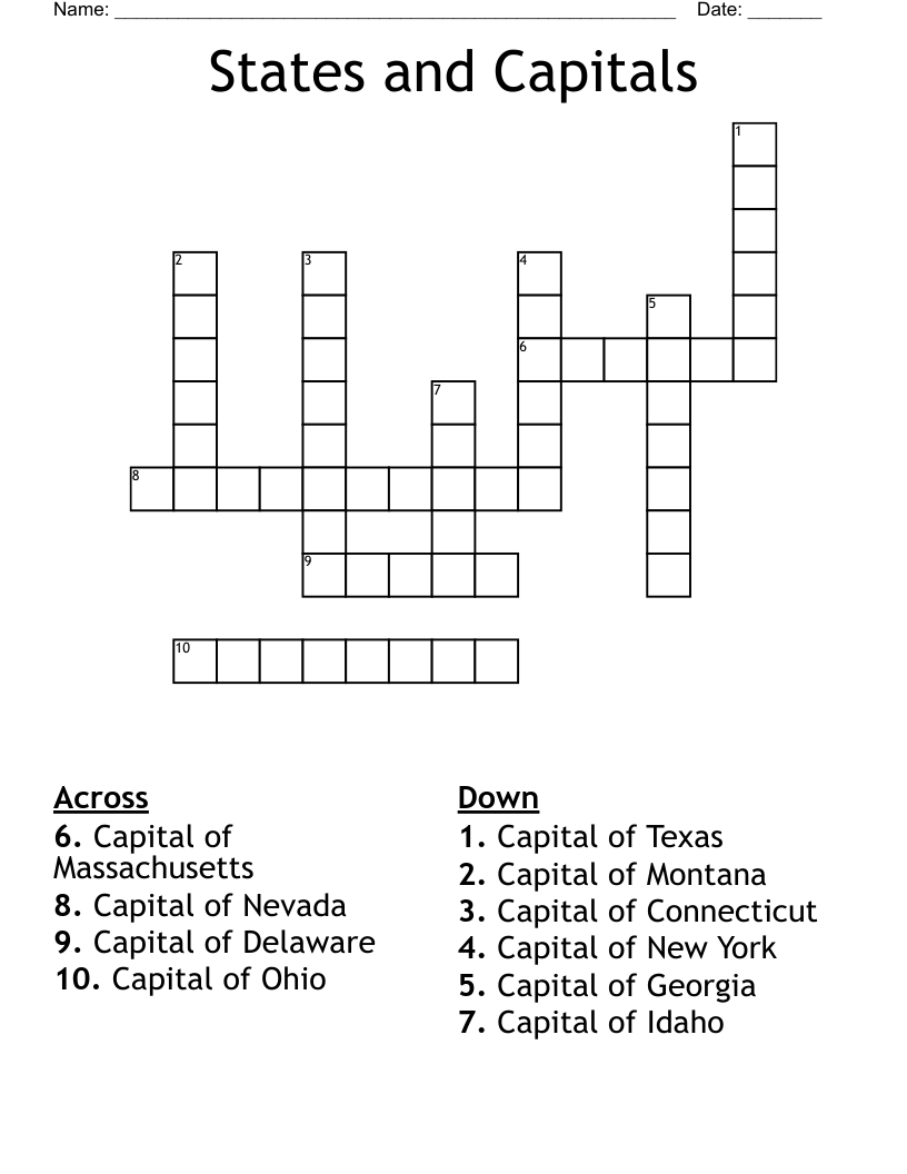 States and Capitals Crossword