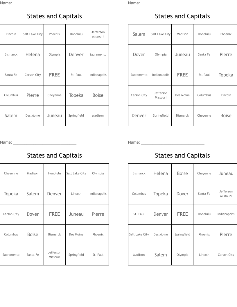 States and Capitals Bingo Cards