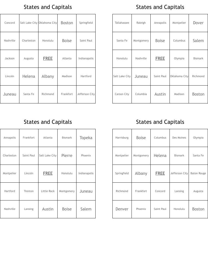 States and Capitals Bingo Cards