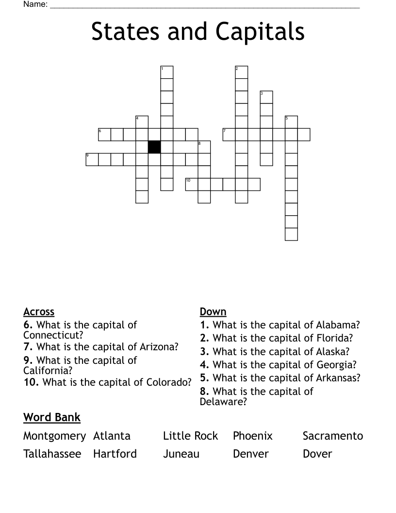 States and Capitals Crossword