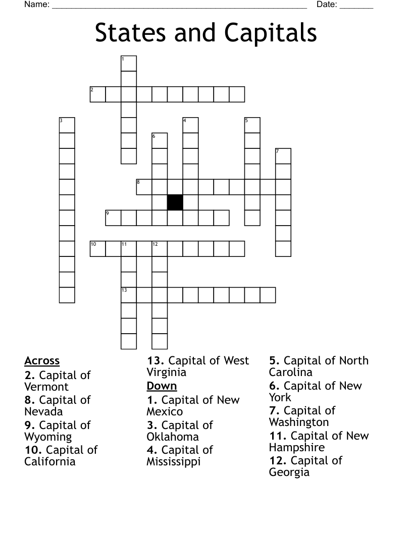States and Capitals Crossword