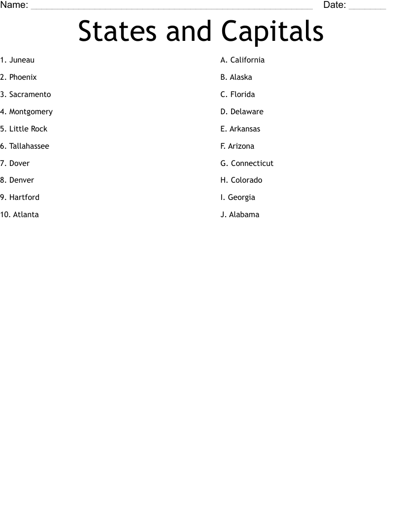 States and Capitals Worksheet