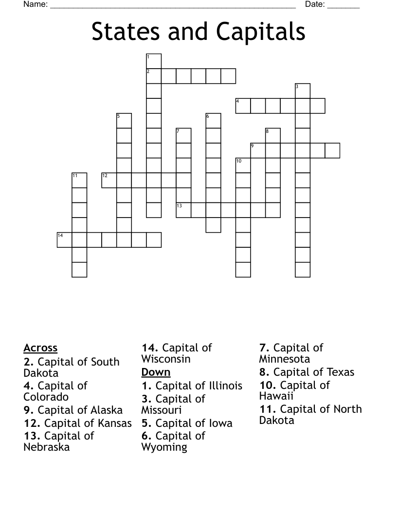 States and Capitals Crossword