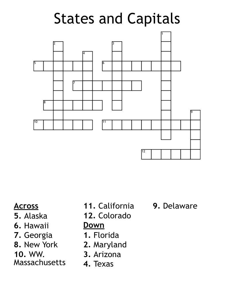 States and Capitals Crossword