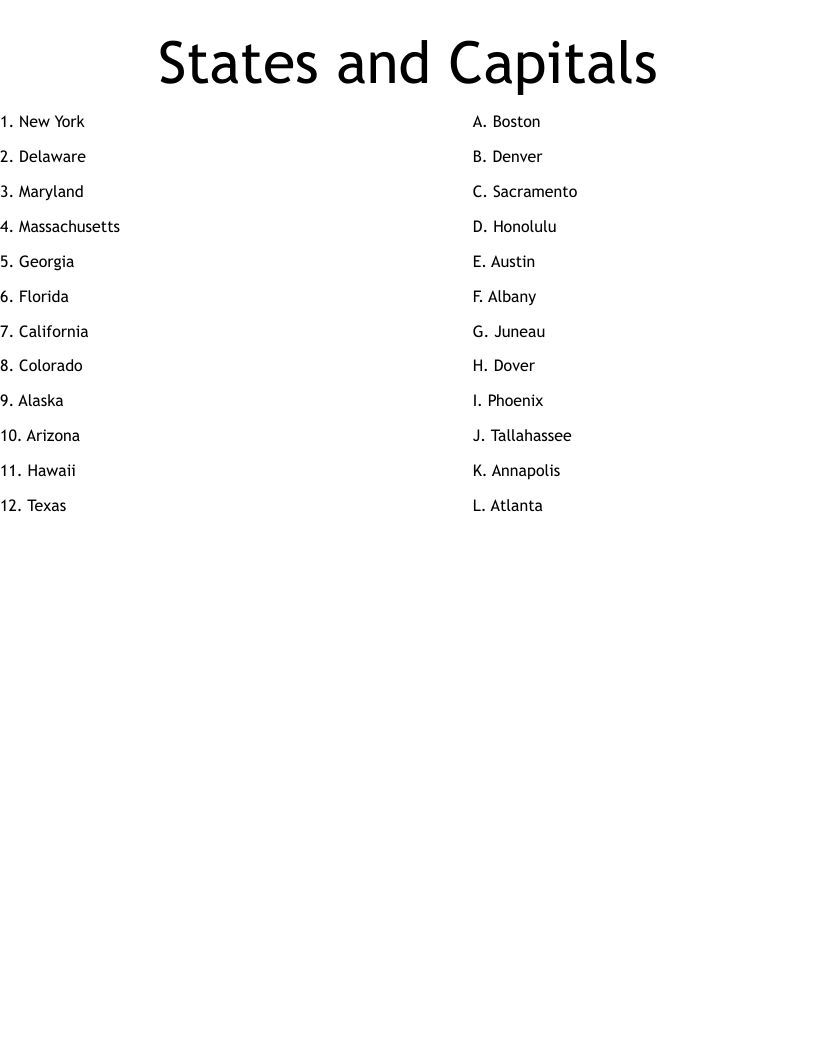 States and Capitals Worksheet