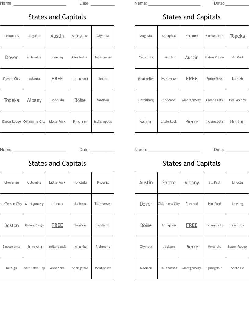 States and Capitals Bingo Cards