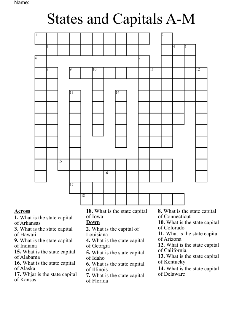 States and Capitals A-M Crossword