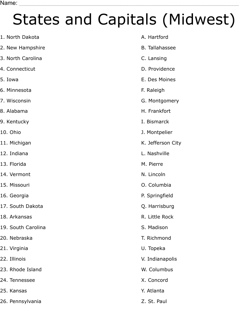 States and Capitals (Midwest) Worksheet