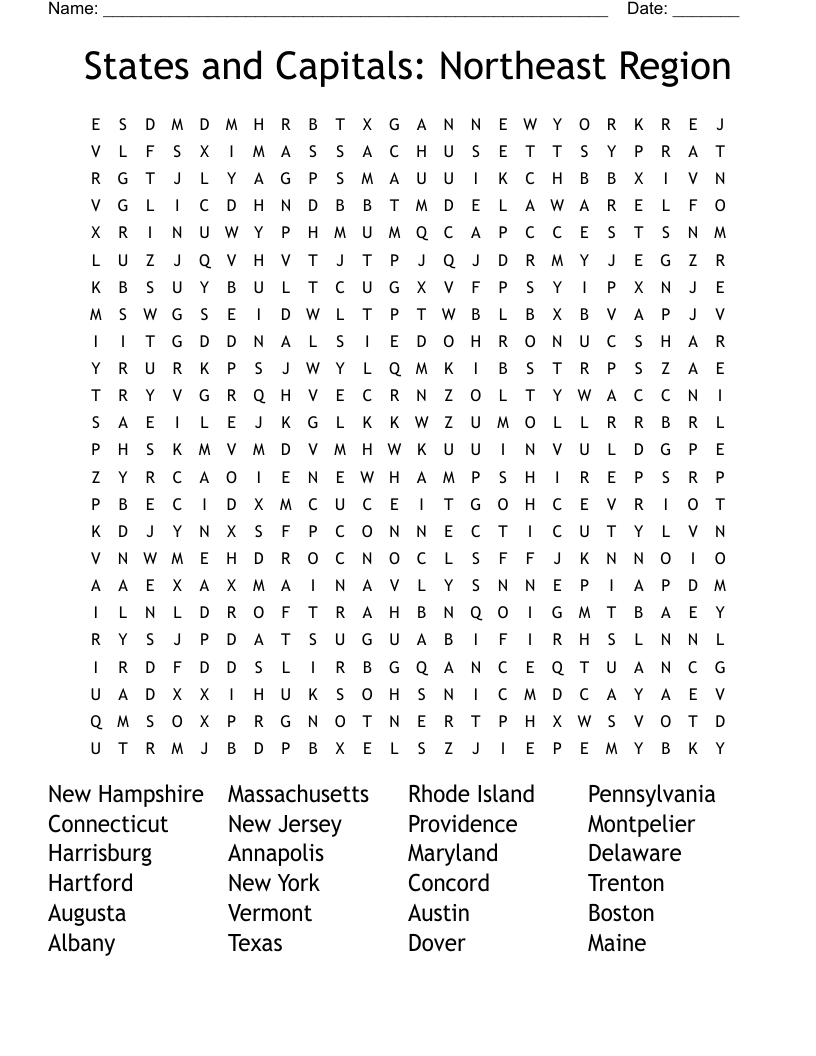 States and Capitals: Northeast Region Word Search