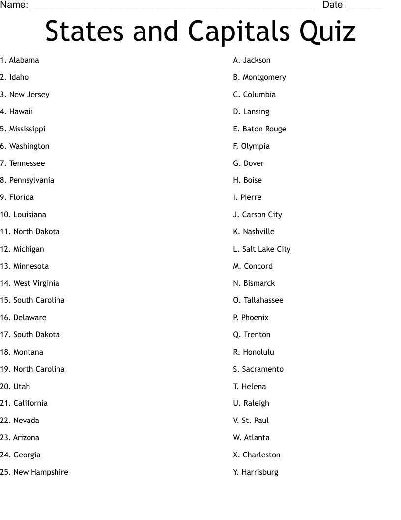 States and Capitals Quiz Worksheet