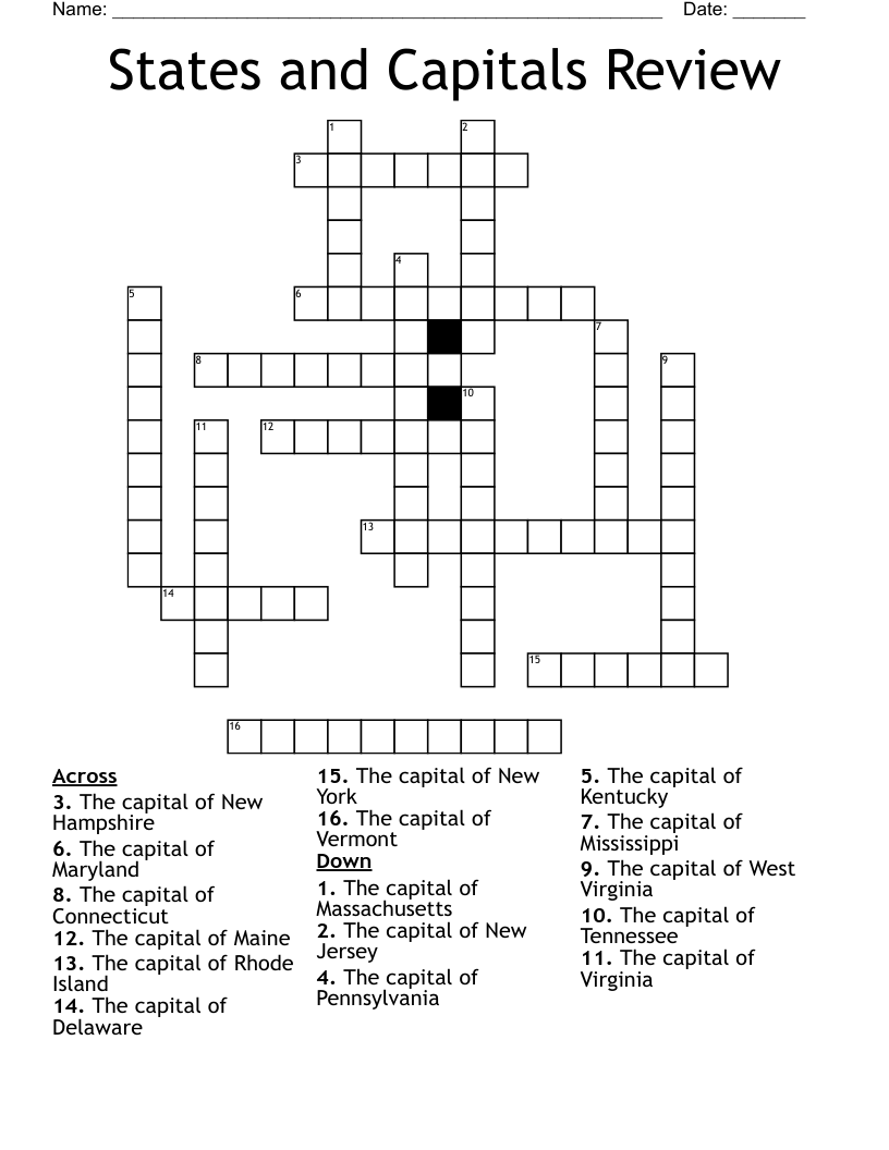 States and Capitals Review Crossword