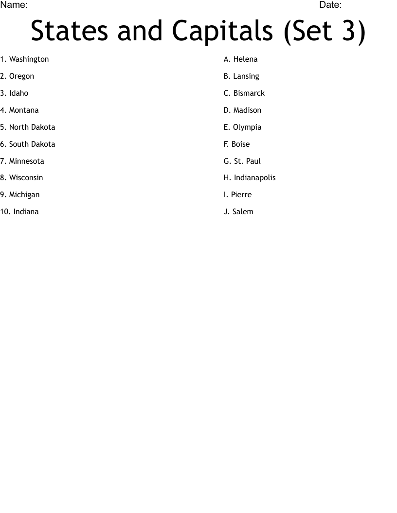 States and Capitals (Set 3) Worksheet