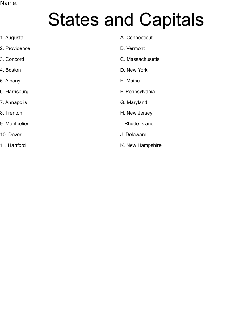 States and Capitals  Worksheet