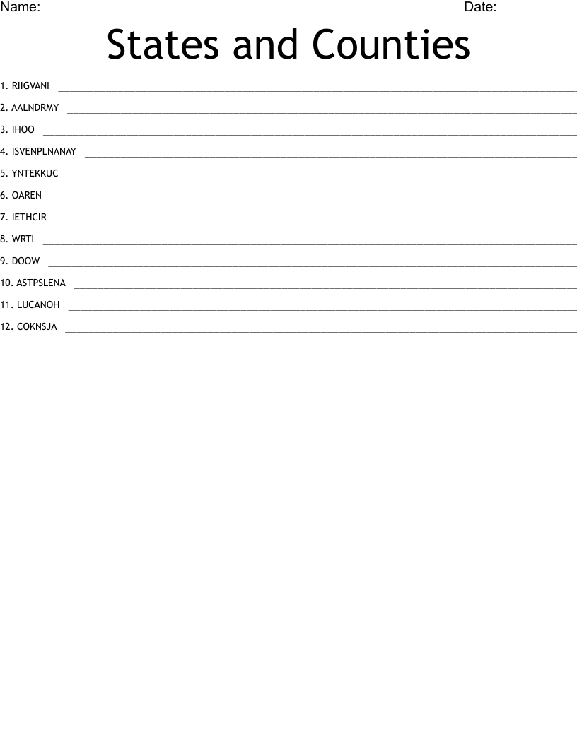 States and Counties Word Scramble