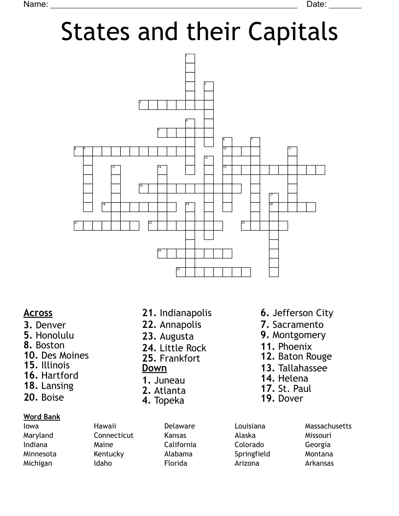 States and their Capitals Crossword