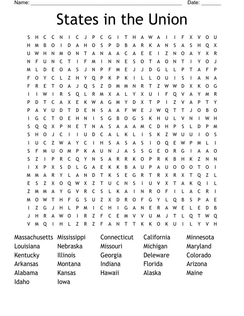 States in the Union Word Search
