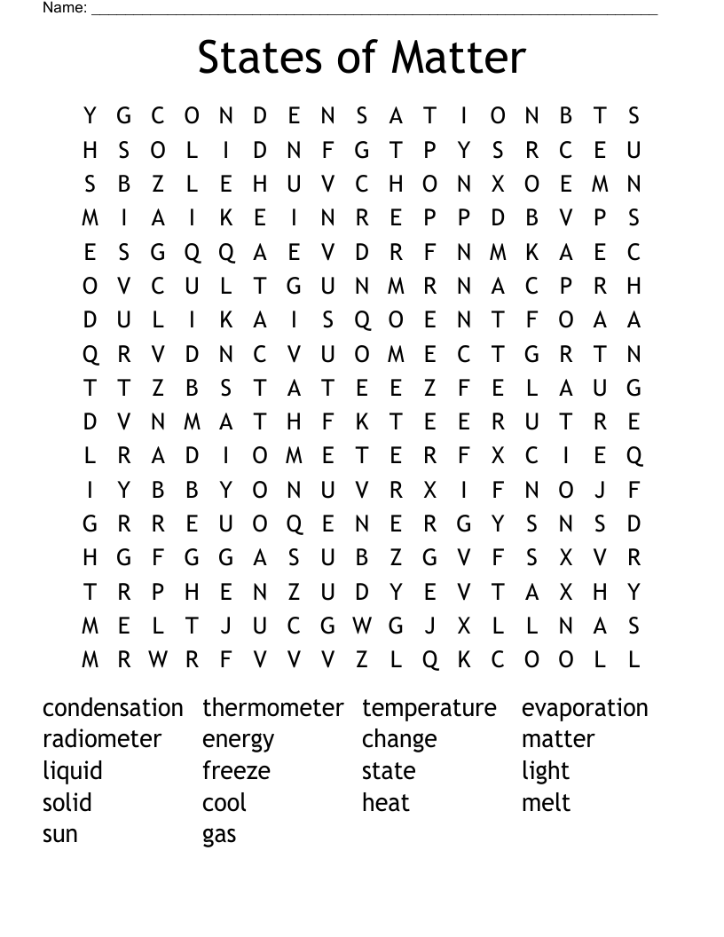 States of Matter Word Search