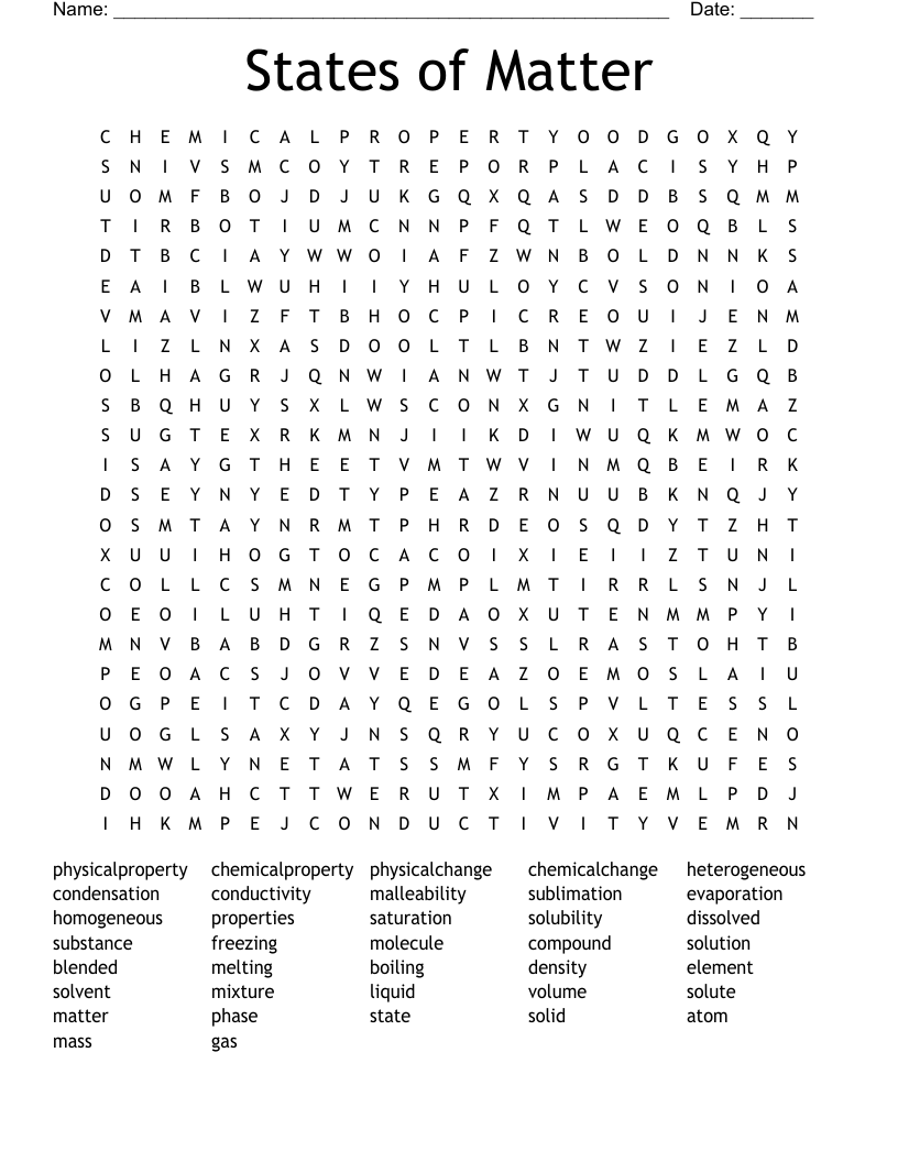 States of Matter Word Search