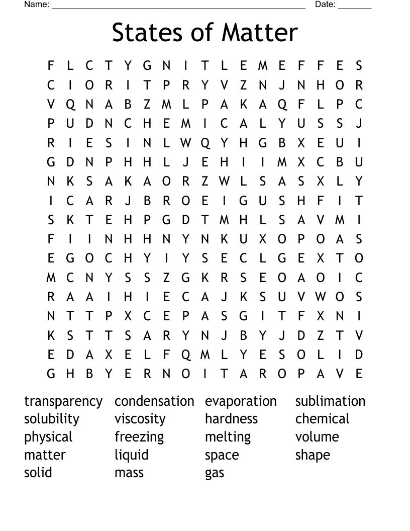 States of Matter Word Search