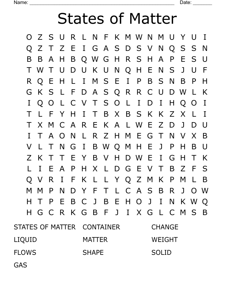 States of Matter Word Search