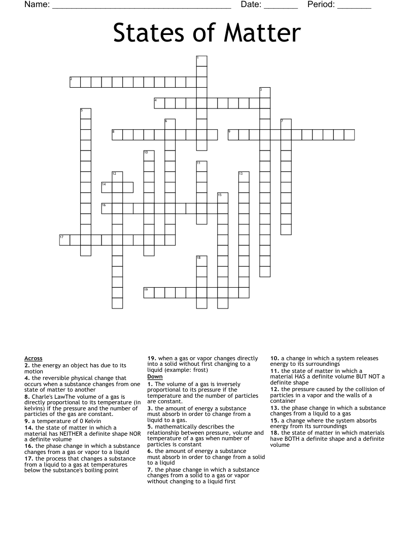 States of Matter Crossword