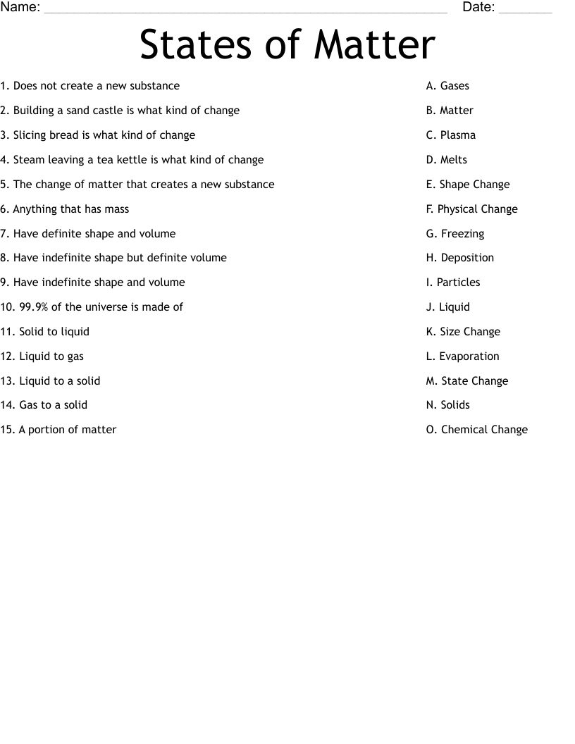 States of Matter Worksheet