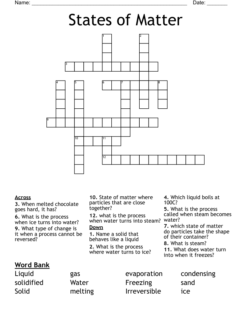 States of Matter Crossword