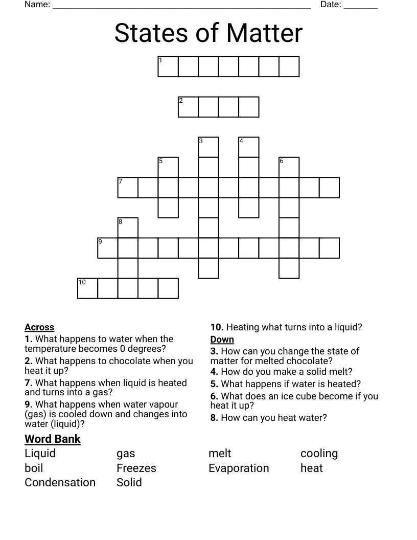 States of Matter Crossword