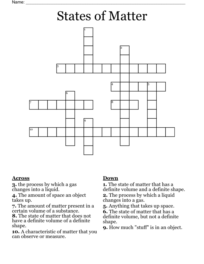 States of Matter Crossword