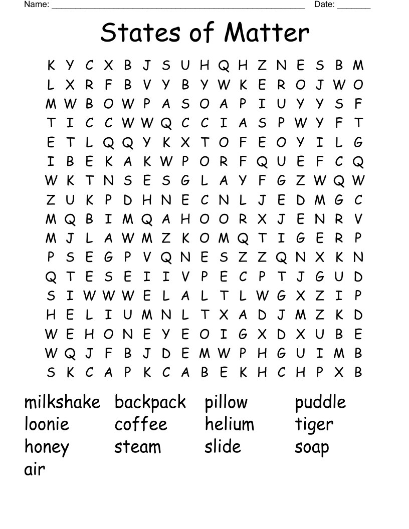 States of Matter Word Search