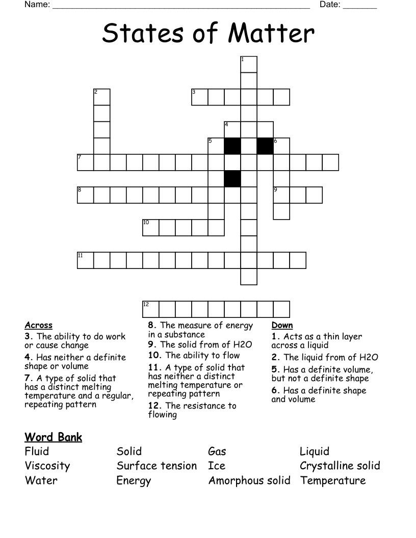States of Matter Crossword