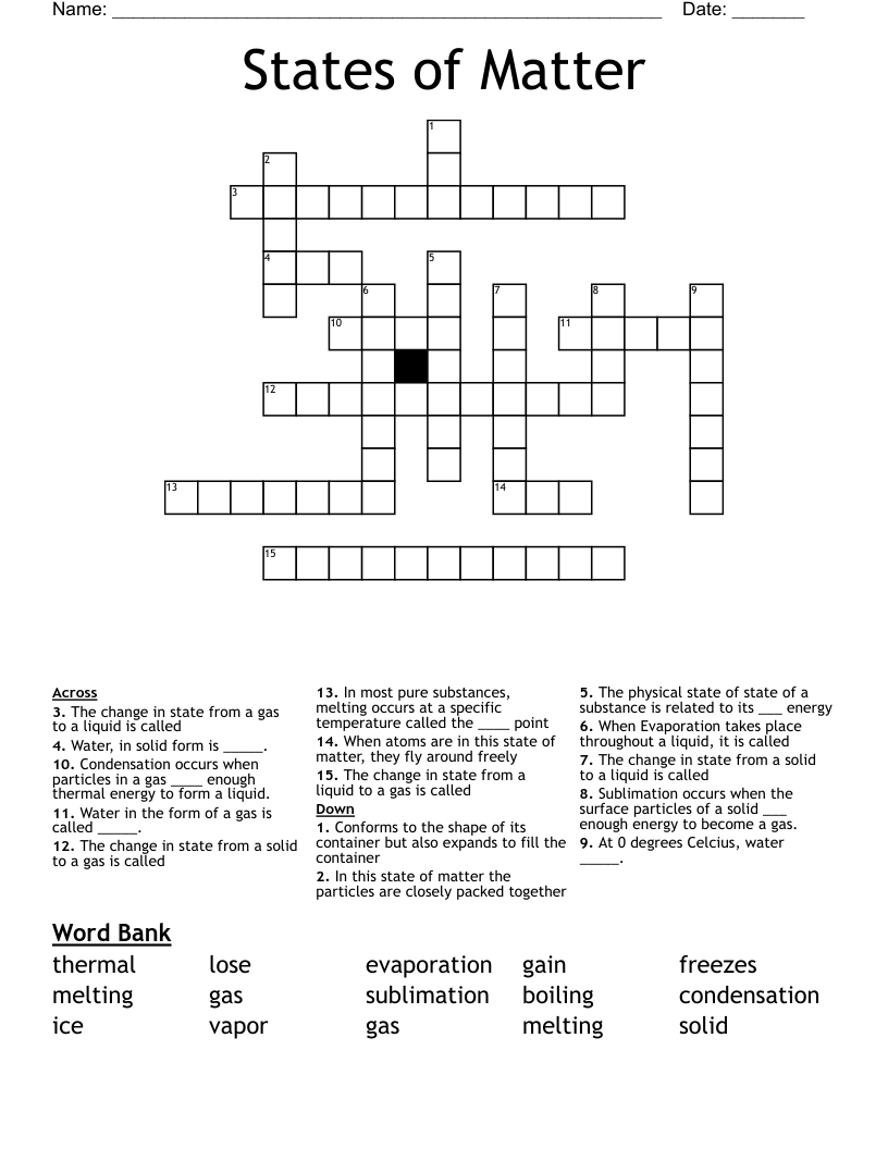 States of Matter Crossword