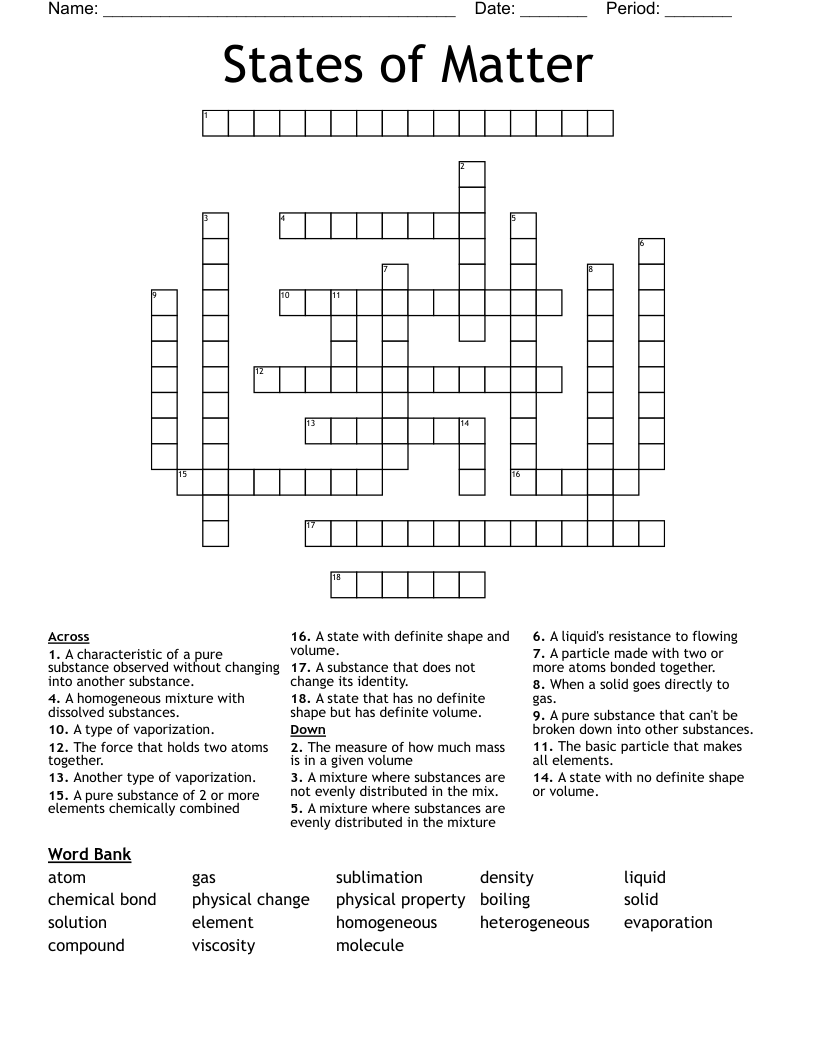 States of Matter Crossword