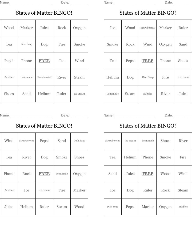 States of Matter BINGO!