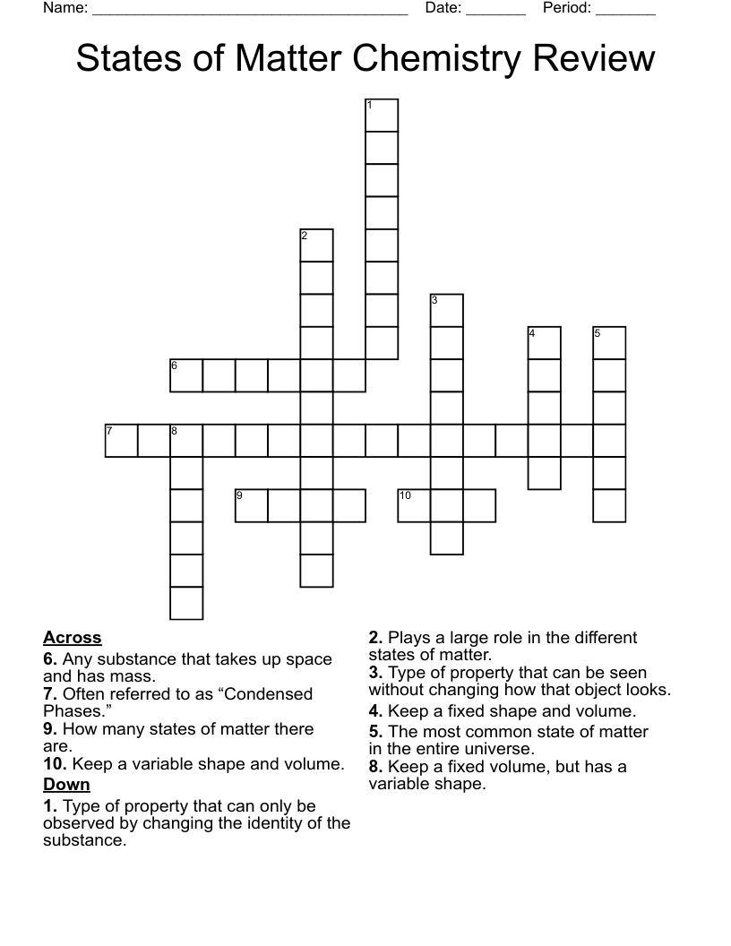 States of Matter Chemistry Review Crossword