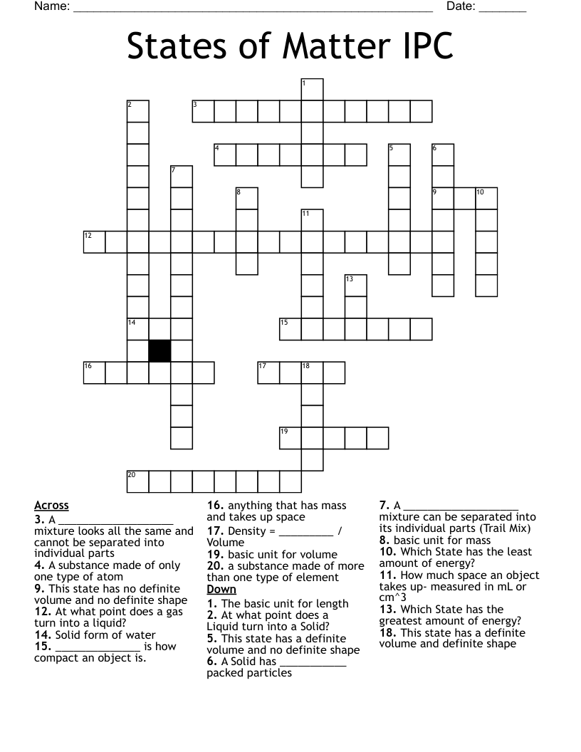 States of Matter IPC Crossword