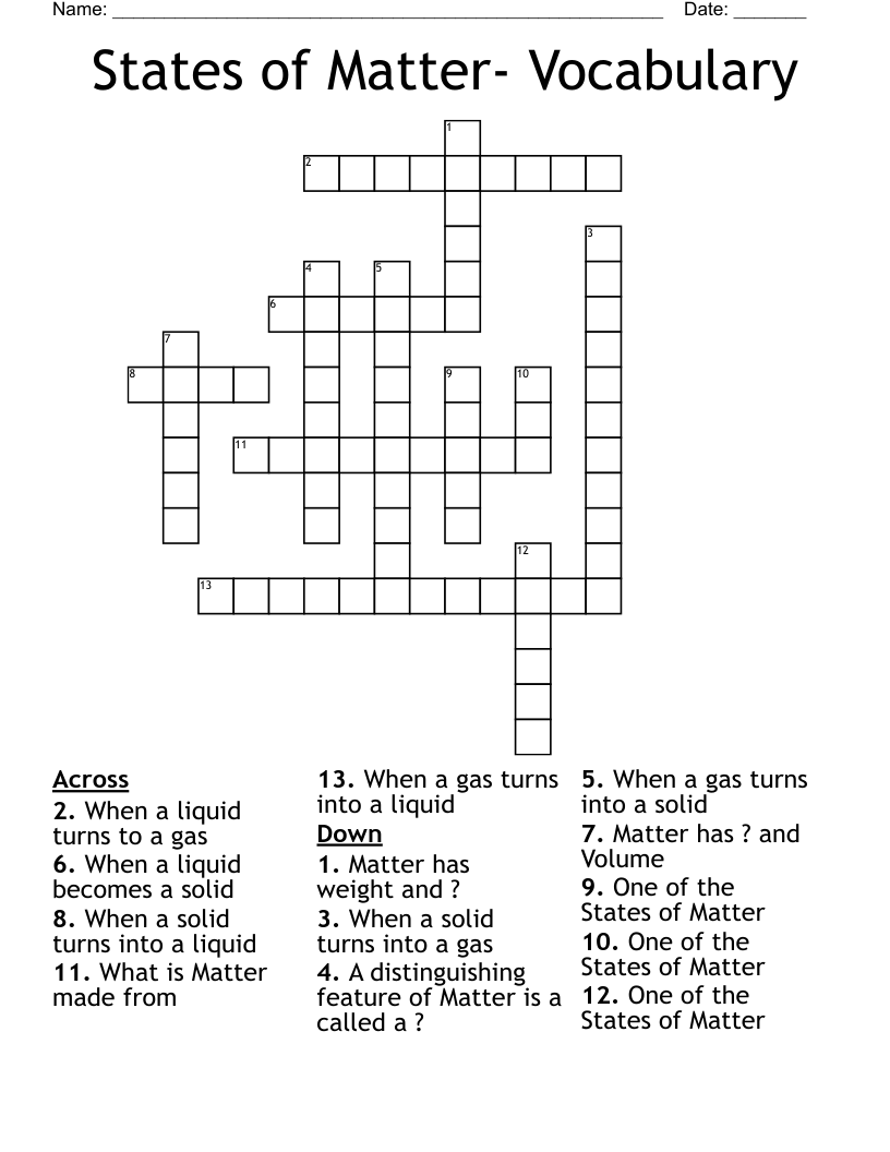 States of Matter- Vocabulary Crossword