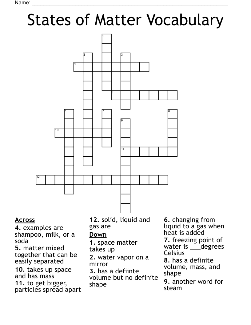 States of Matter Vocabulary Crossword